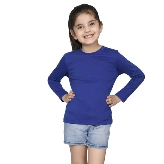 Girls blue solid color T-shirt by Seasons, soft cotton fabric, short sleeves, casual fit, perfect for everyday wear.