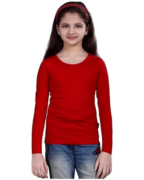 Red casual cotton T-shirt with full sleeves and round neck by Seasons, displayed on a hanger.