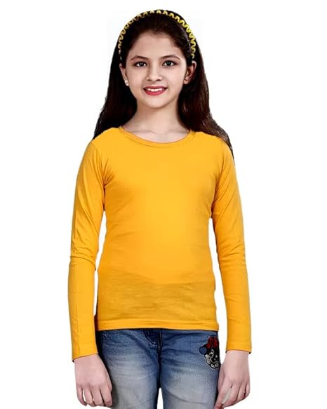 Yellow cotton T-shirt by Seasons with a round neck and full sleeves, casual style, shown on a model.