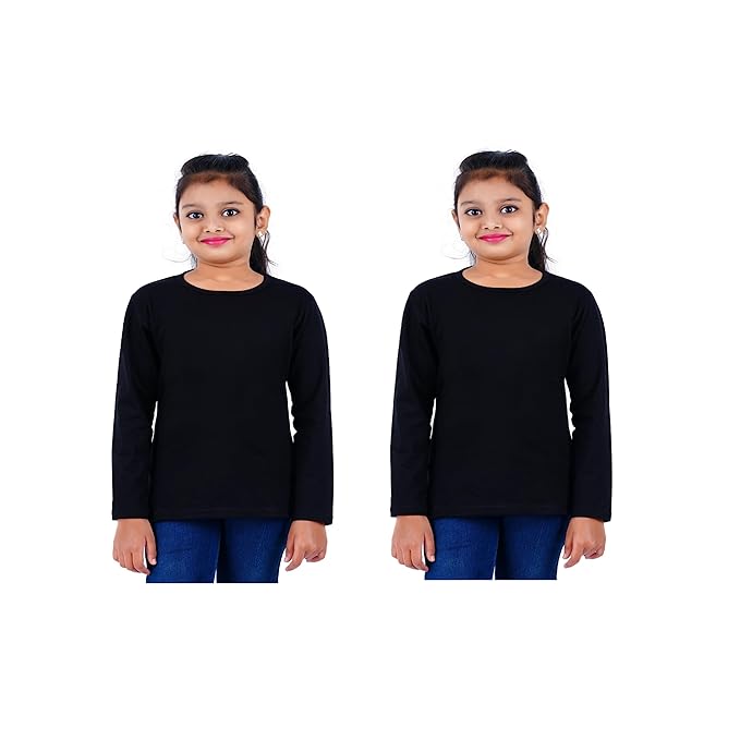 Pack of 2 Seasons girls' solid full-sleeve cotton T-shirts, white and pastel colors, soft and comfortable for everyday wear.