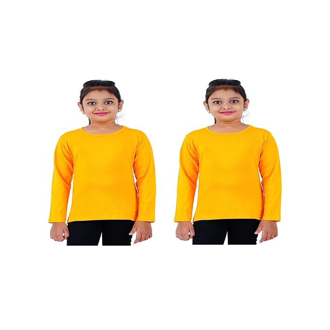Pack of 2 yellow cotton girls' full sleeve T-shirts by Seasons, showing soft fabric and comfortable fit.