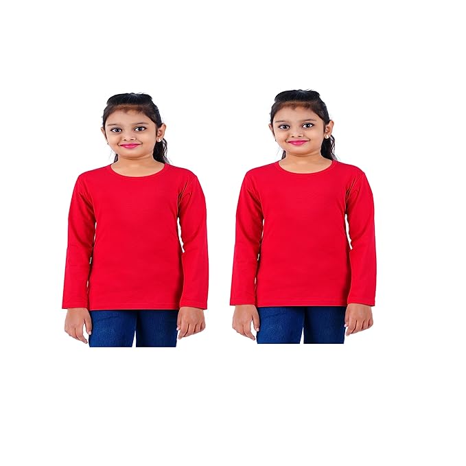 Pack of 2 red cotton girls' full sleeve T-shirts by Seasons, showing soft fabric and comfortable fit.