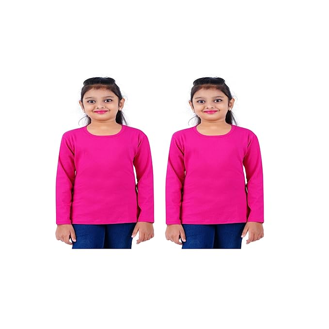 Pack of 2 pink cotton girls' full sleeve T-shirts by Seasons, showing soft fabric and comfortable fit on a white background.