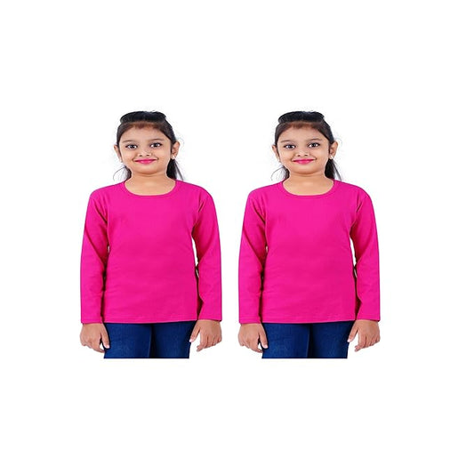 Pack of 2 pink cotton girls' full sleeve T-shirts by Seasons, showing soft fabric and comfortable fit on a white background.