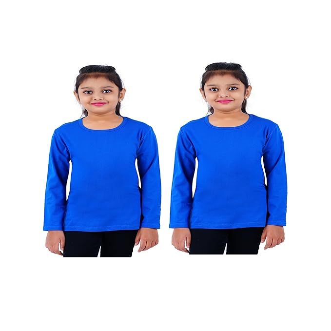 Pack of 2 blue cotton girls' full sleeve T-shirts by Seasons, showing soft fabric and comfortable fit.