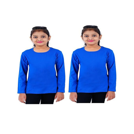 Pack of 2 blue cotton girls' full sleeve T-shirts by Seasons, showing soft fabric and comfortable fit.