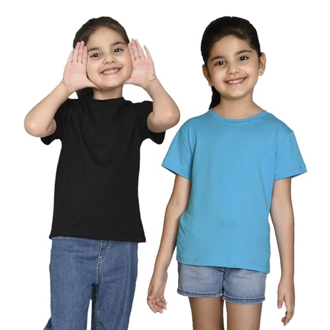 Two girls wearing Seasons brand half-sleeve multicolor T-shirts, casual style, front view, soft fabric, perfect for everyday wear.