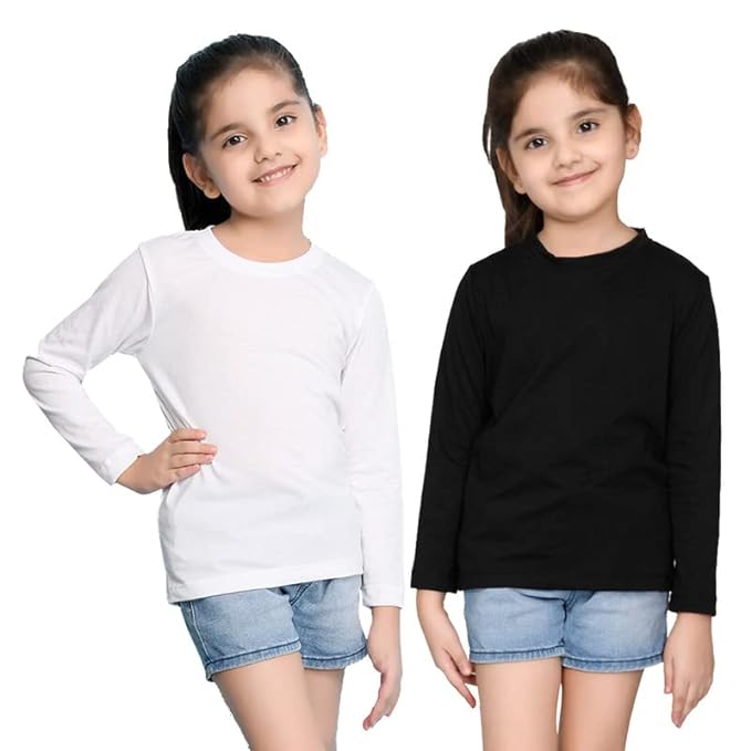 Black and white girls' kids T-shirt by Seasons, featuring a comfortable fit and stylish design, shown on a young girl.
