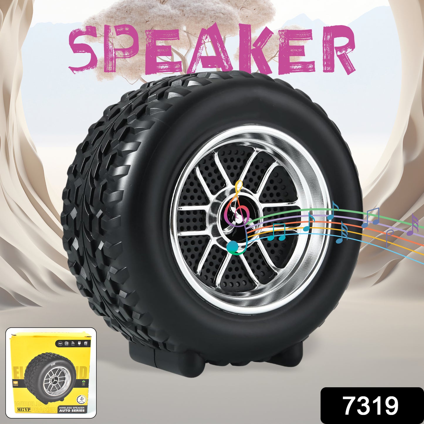 Wukusy portable tyre-shaped wireless Bluetooth speaker with wheel design, ideal for mobile accessories, shown in black with control buttons.