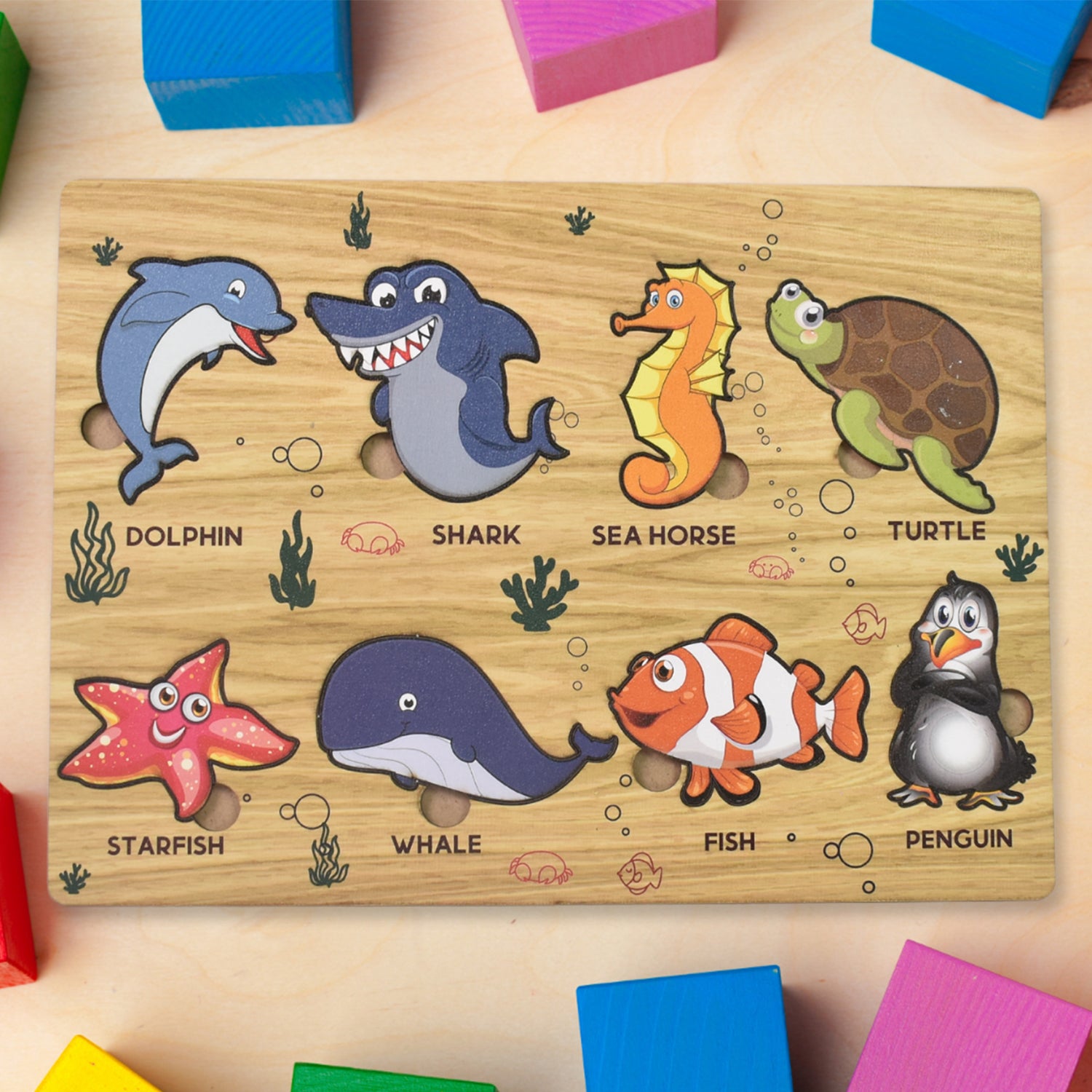 Wooden puzzle learning board for kids by Wukusy, featuring colorful mix designs and educational shapes for young children.