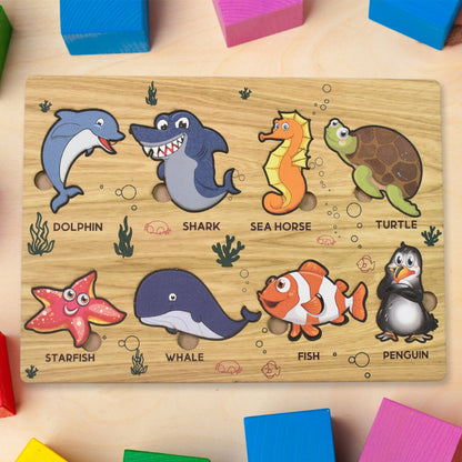 Wooden puzzle learning board for kids by Wukusy, featuring colorful mix designs and educational shapes for young children.