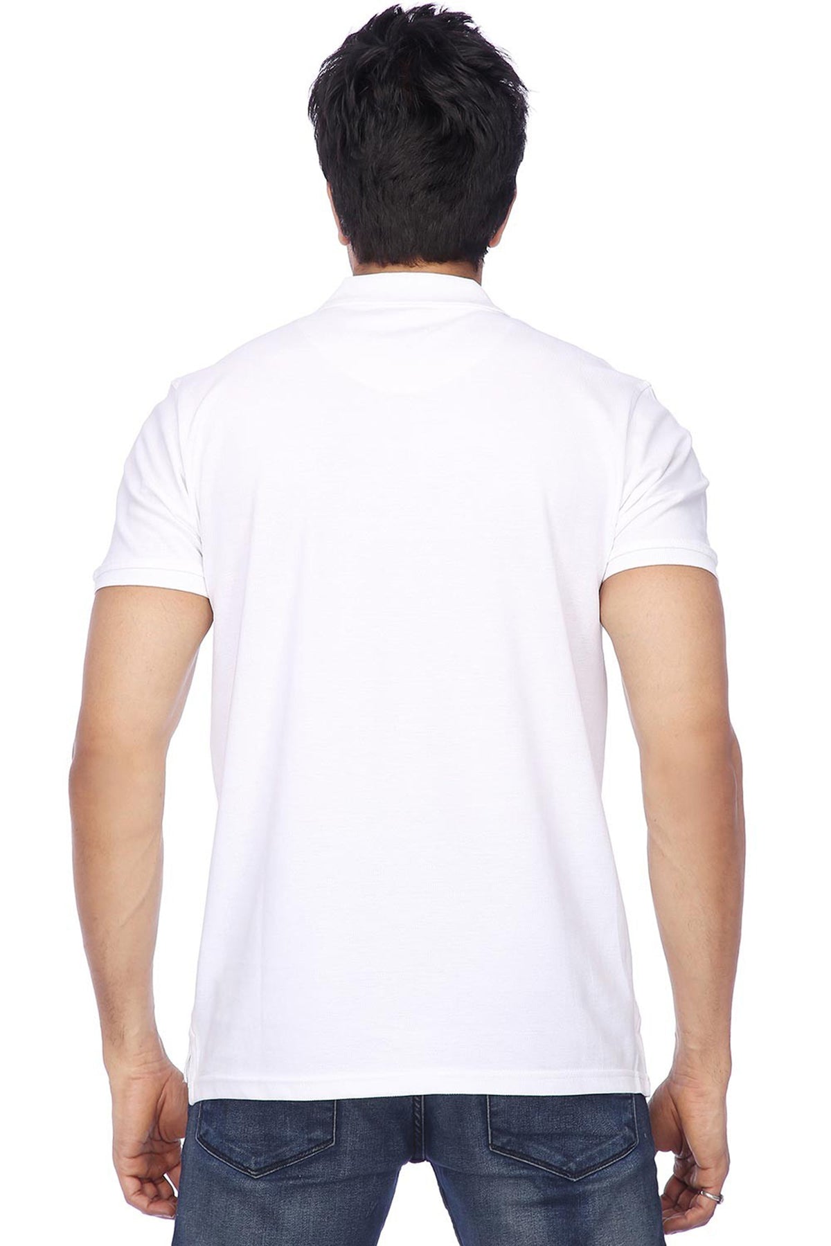 White cotton blend polo collar men's T-shirt from Drpshippr's Men's Collection, featuring a classic polo neckline and short sleeves.