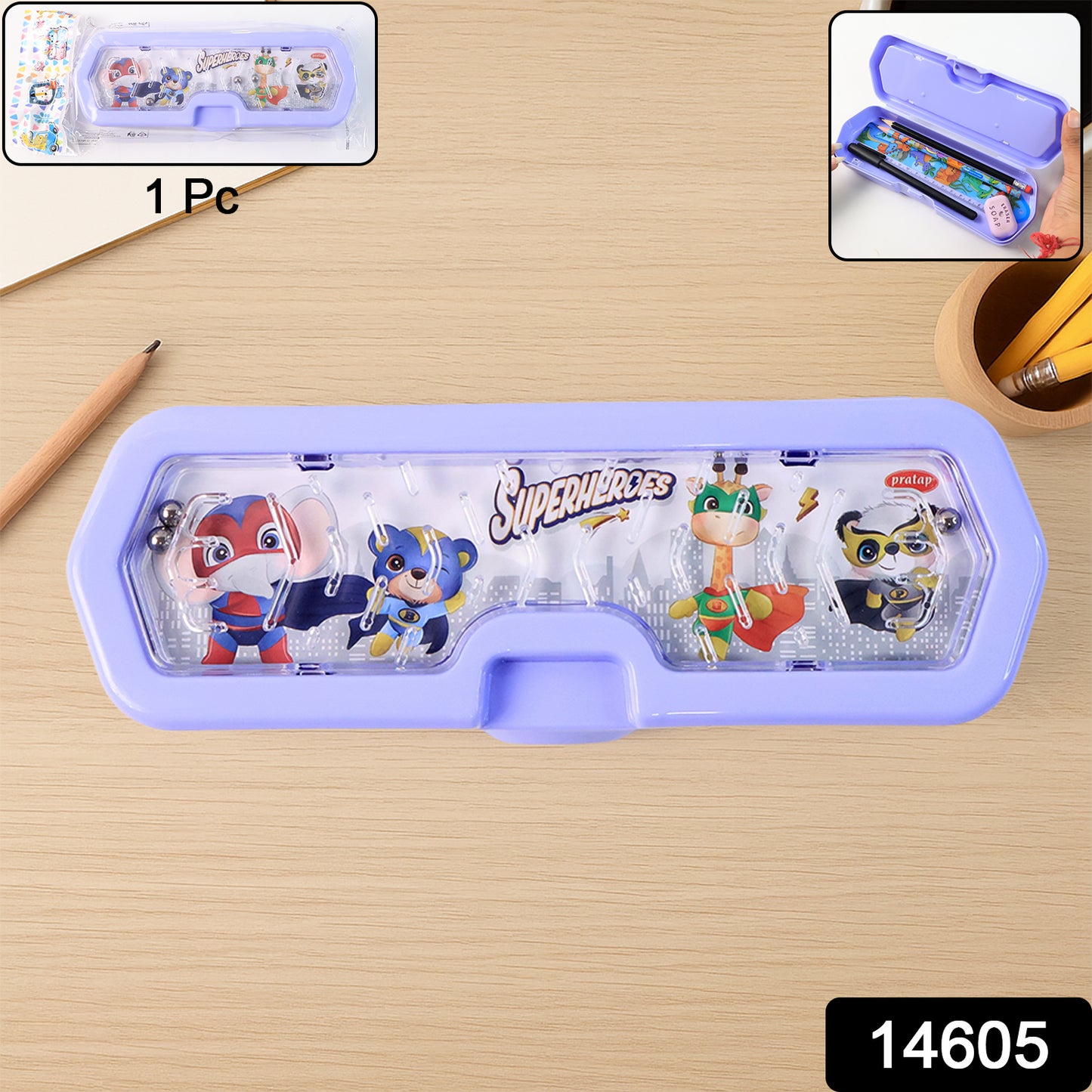 Wukusy cartoon character printed plastic pencil box with built-in maze puzzle game, designed for school and office use.