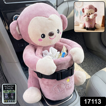 Wukusy plush monkey car trash can and tissue box holder in soft fabric, compact dustbin organizer for vehicle interior.