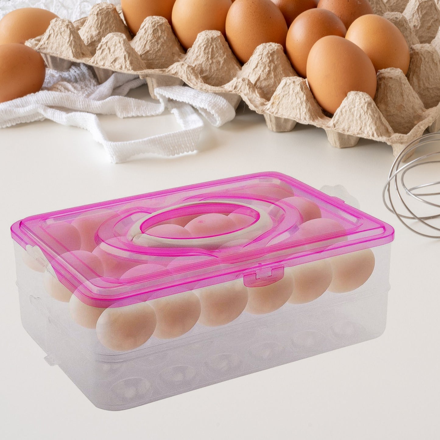 Wukusy double layer 24-grid egg storage box in a kitchen, designed for organizing and storing eggs safely and efficiently.