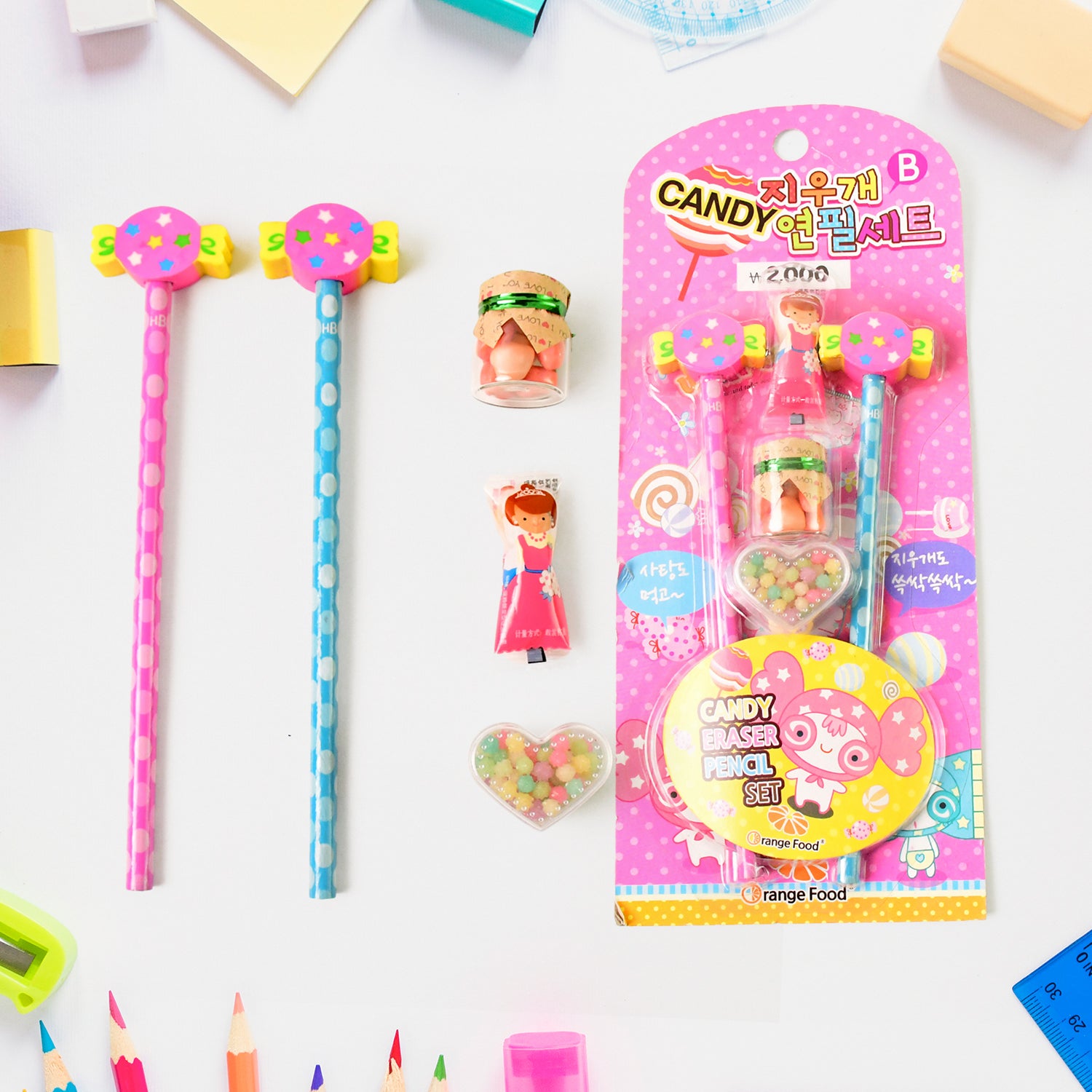 Wukusy fun candy design office pencil set with colorful pencils and accessories on a neutral background