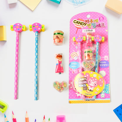 Wukusy fun candy design office pencil set with colorful pencils and accessories on a neutral background