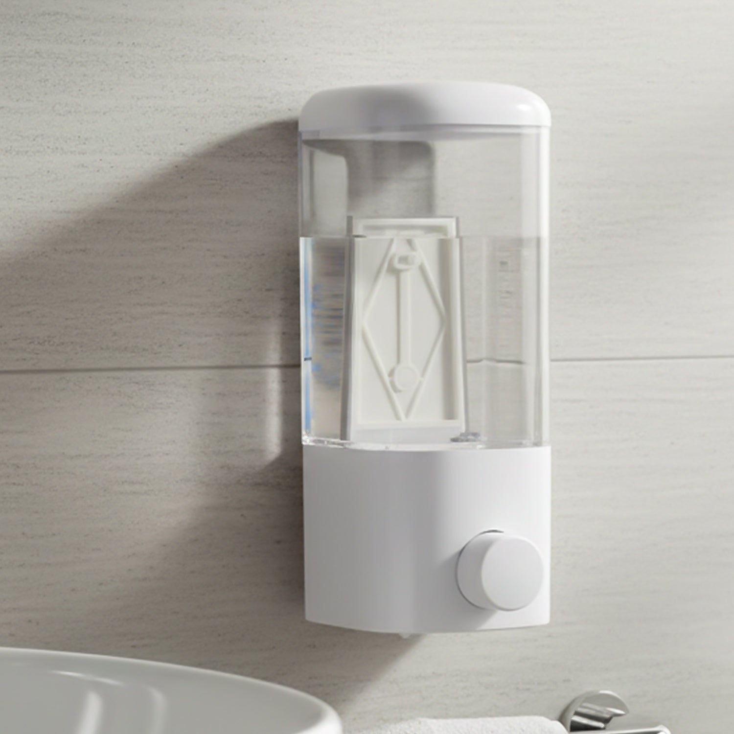 Wall mount Wukusy liquid soap and hand wash dispenser 500ml, showing sleek design and pump mechanism mounted on wall.