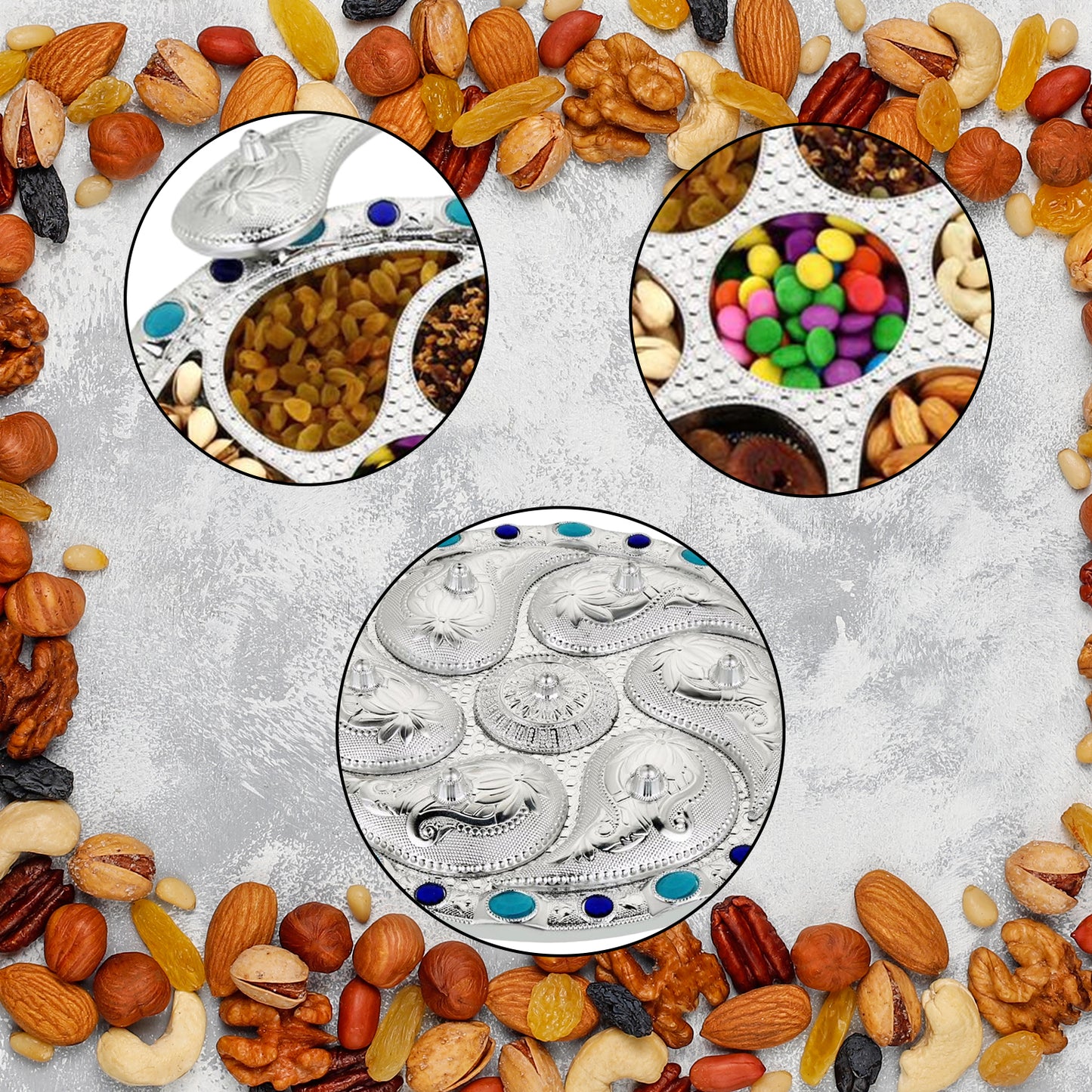 Wukusy 2075 multipurpose dry fruit serving tray with seven compartments, rotating design for storing nuts, candies, and snacks.
