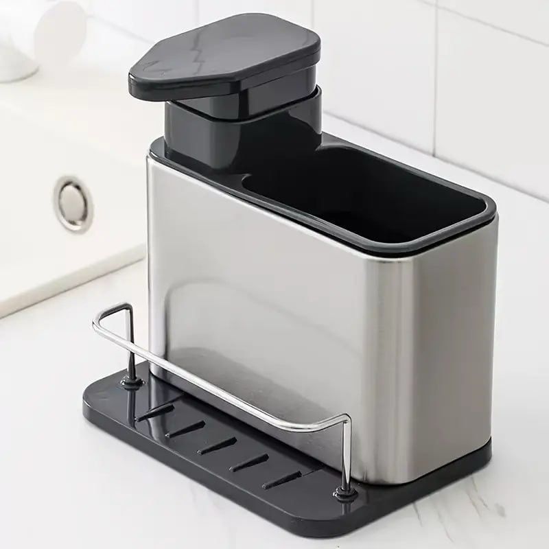 Drpshippr kitchen sink organiser with sponge holder for kitchen sink, featuring drainage slots and space for cleaning supplies.