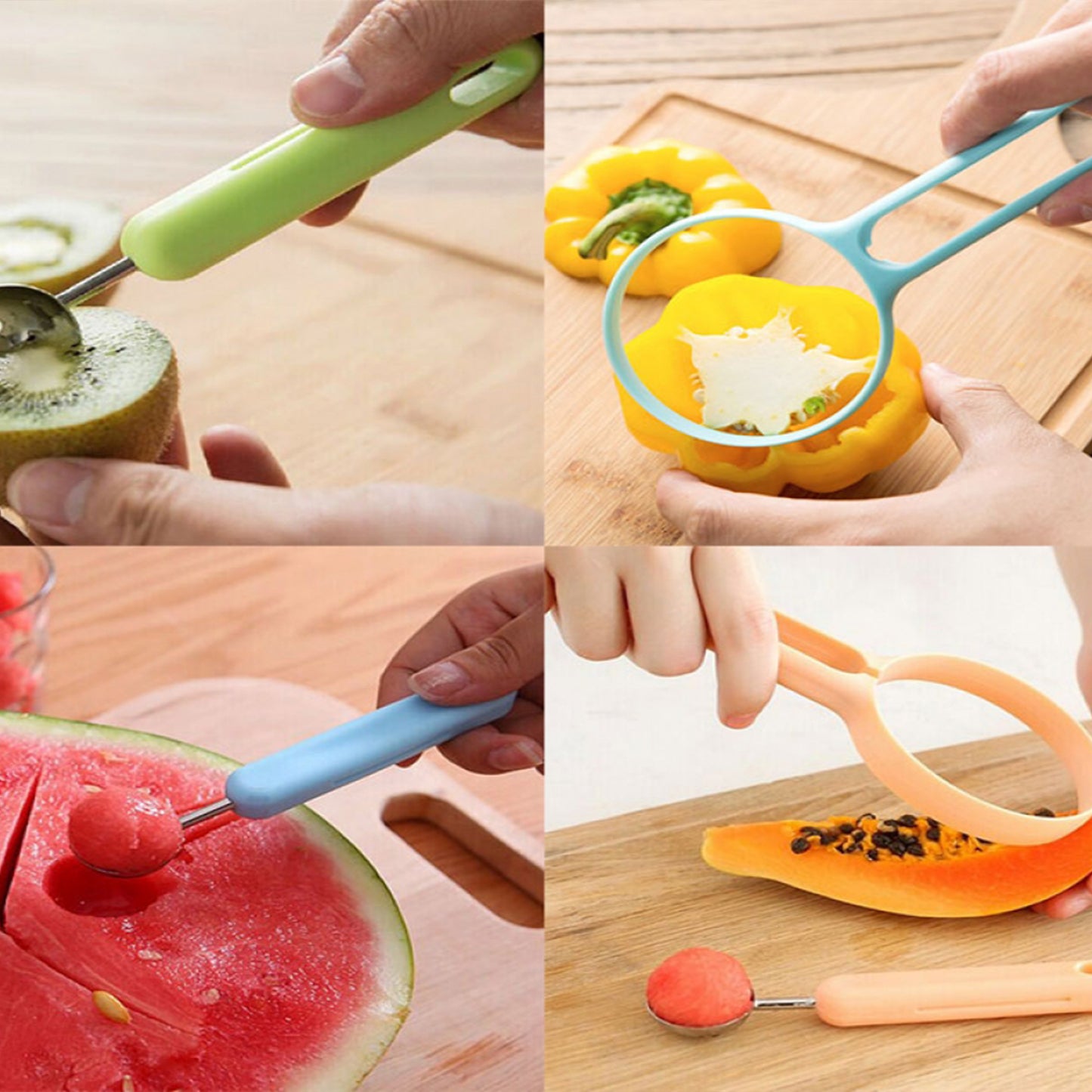 Wukusy 8154 2-in-1 kitchen tool with soft fruit peeler and baller for avocado, papaya, watermelon, and honey dew in a home kitchen setting