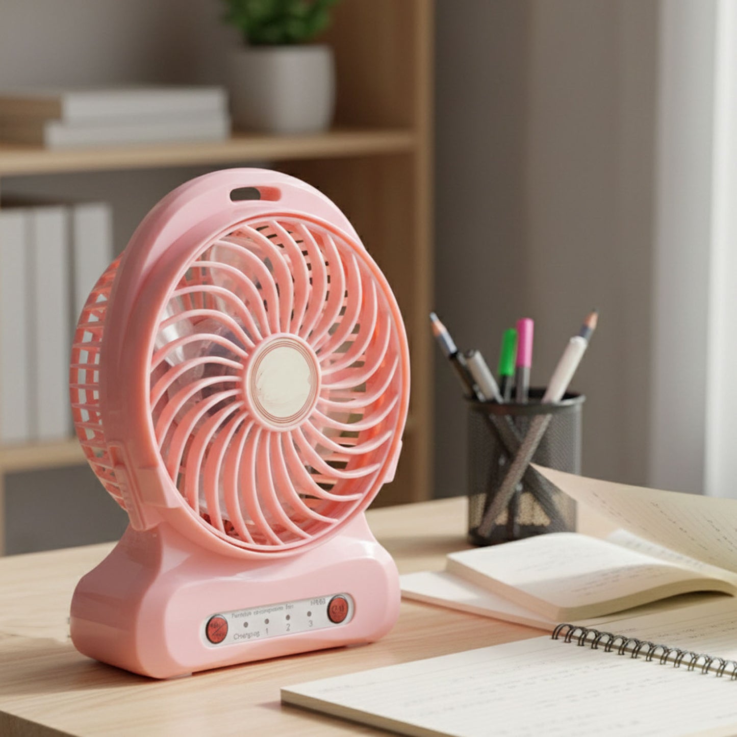 Wukusy portable USB rechargeable desk fan with adjustable blades and compact design for personal cooling.
