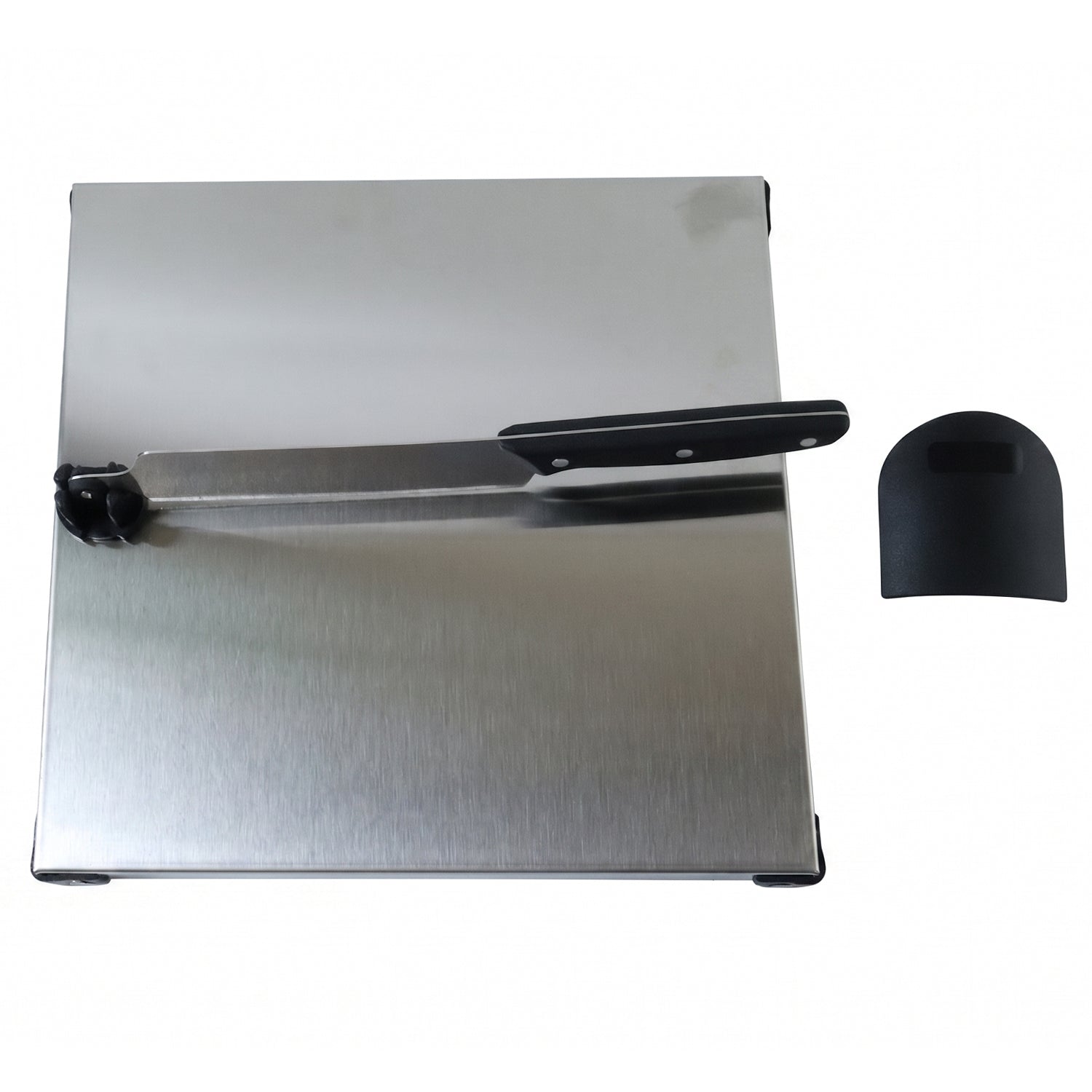 Wukusy stainless steel 2-in-1 cutting and chopping board with built-in knife, showcasing the sleek design and functional features.