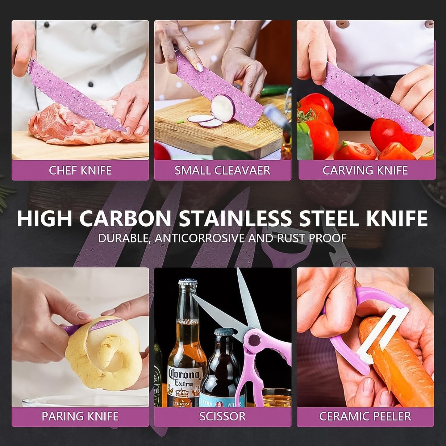 Wukusy 6-piece stainless steel chef knife set with ceramic non-stick coating, including scissors and peeler on a kitchen countertop.