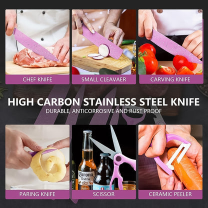 Wukusy 6-piece stainless steel chef knife set with ceramic non-stick coating, including scissors and peeler on a kitchen countertop.