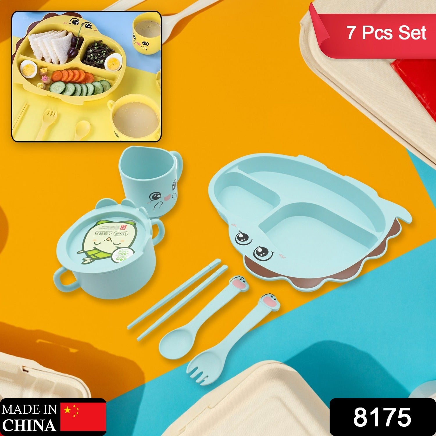 Wukusy baby feeding set with bamboo fiber tableware, cartoon design plate, cup, spoon, fork, chopsticks for kids and toddlers.