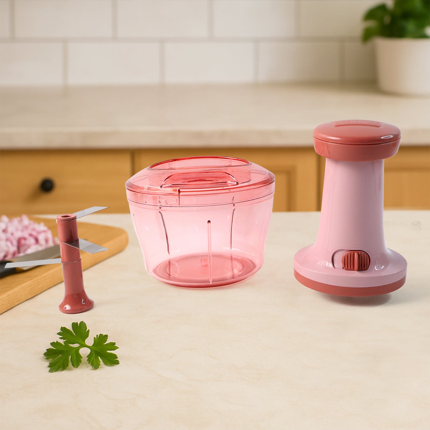 Wukusy Apex Smart Manual Vegetable and Fruit Chopper with 800ml capacity, showing stainless steel blades and compact design.