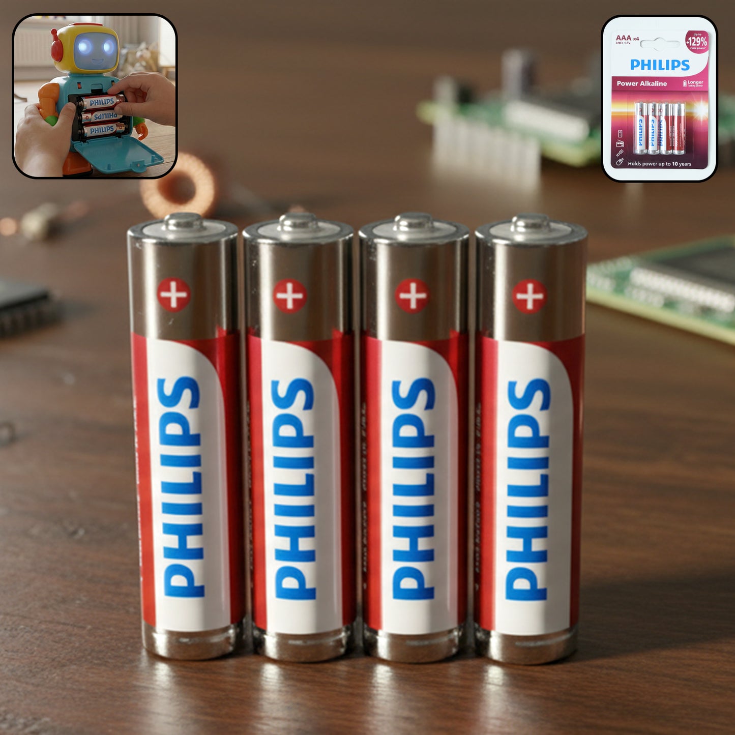 Wukusy AAA alkaline batteries 4-piece pack with silver and black design, showing four batteries aligned side by side