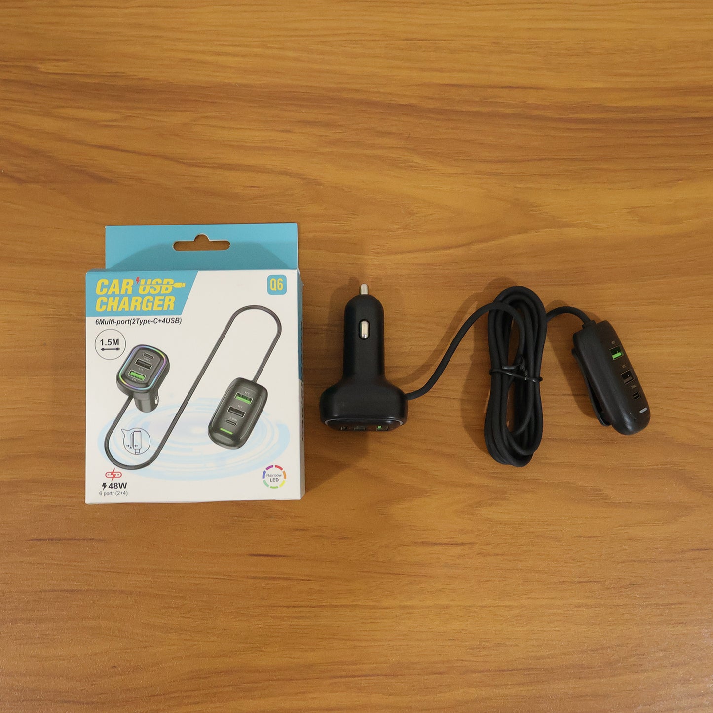 Wukusy RGB breathing light multi-port car USB charger with 1.5m cable, featuring colorful LED illumination and multiple charging ports.