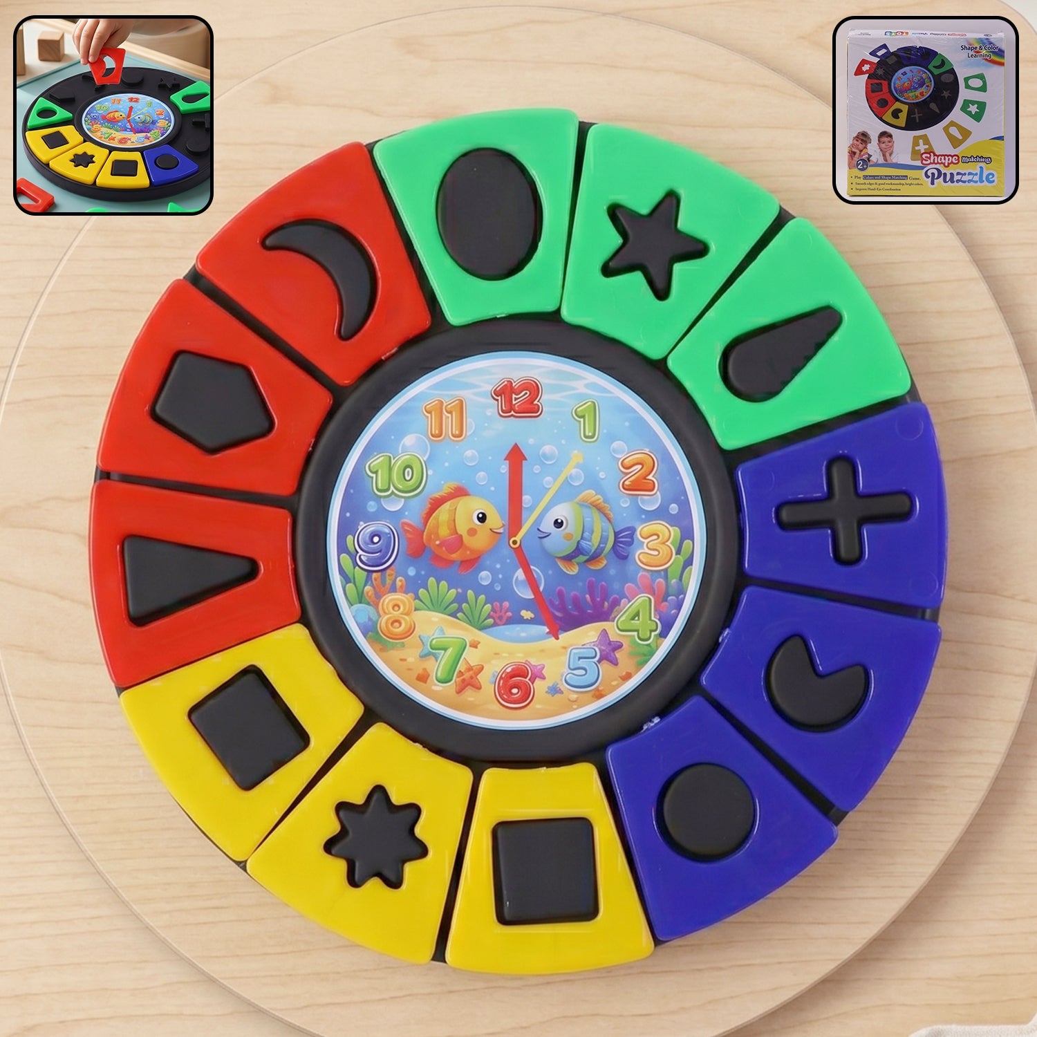 Wukusy shape and color matching learning puzzle toy for kids featuring a clock, designed for toddlers to develop cognitive skills.