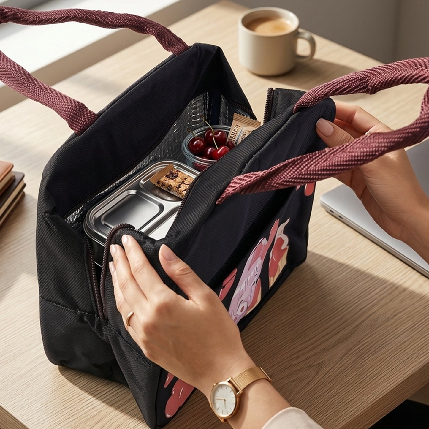Wukusy insulated lunch bag with a colorful cartoon design, featuring a compact shape and zipper closure for easy carrying.