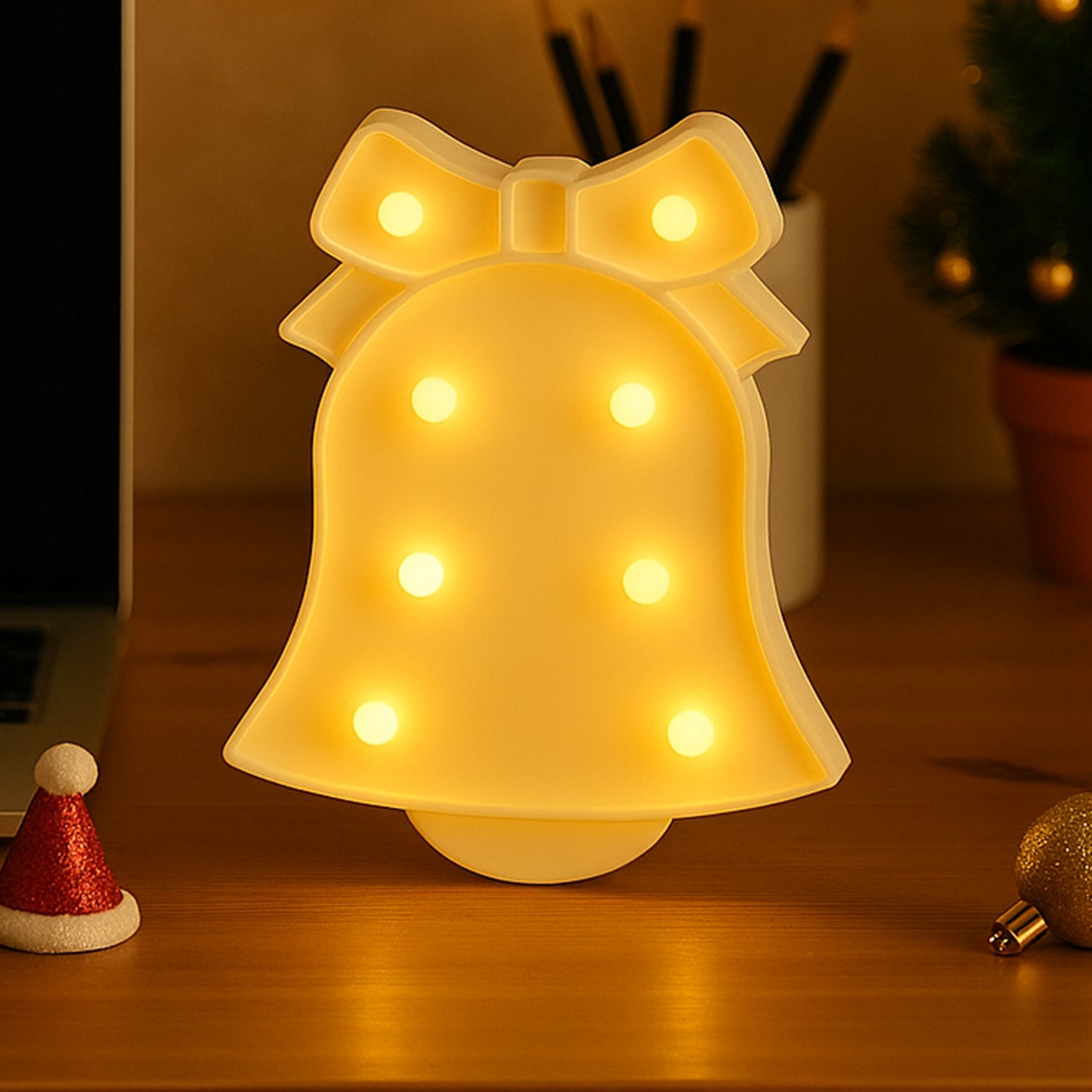 Bell-shaped LED decorative night light by Wukusy, warm glow, perfect for home decor, illuminated night light in a charming bell design.