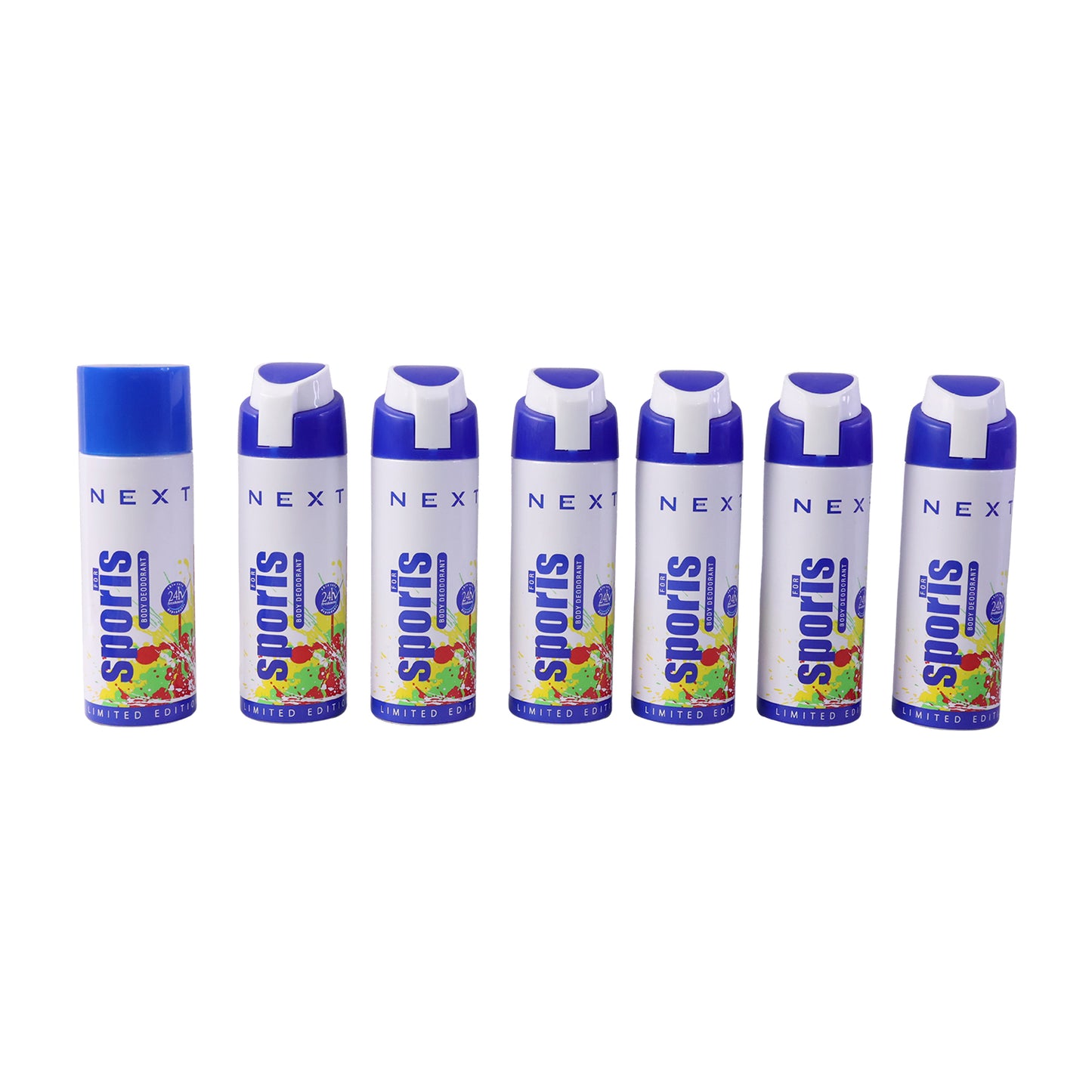 Wukusy Nex Sport body spray and deodorant pack, 200ml bottles with fresh scent, featuring six sprays and one free offer.