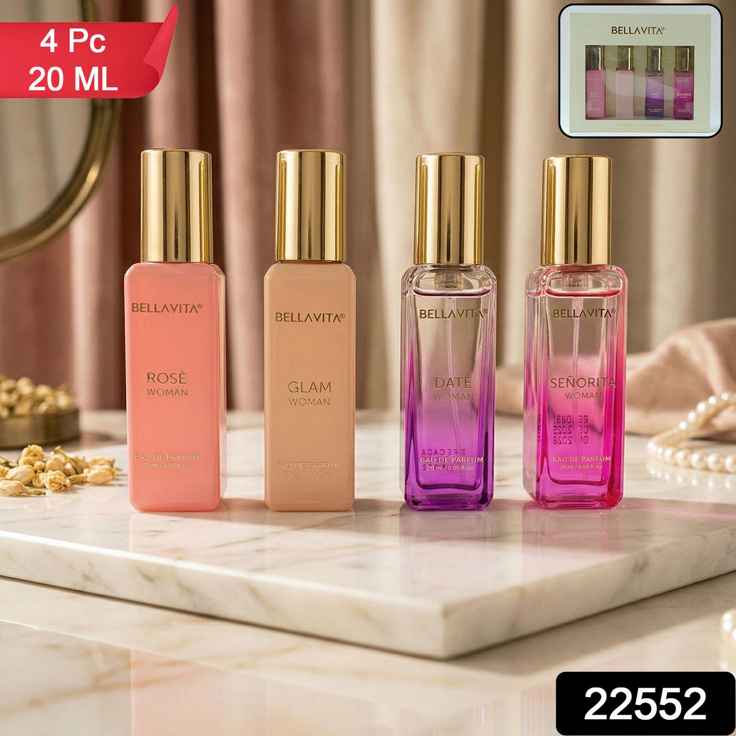 Wukusy Bellavita Luxury Women Eau De Parfum gift set with four 20ml bottles, elegant packaging and floral perfume design
