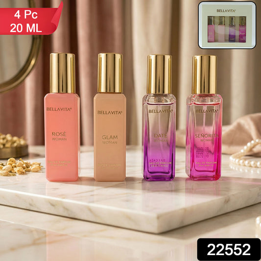 Wukusy Bellavita Luxury Women Eau De Parfum gift set with four 20ml bottles, elegant packaging and floral perfume design