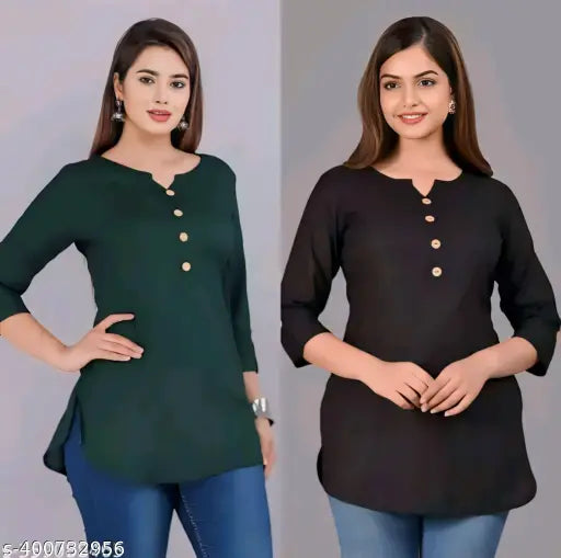 Set of two women's crepe printed straight kurta tunics, stylish and comfortable for casual wear, by FIZZI SHOP.