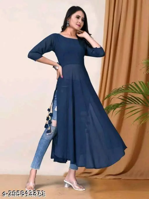 Blue women’s georgette A-line kurti with stylish design, featuring a comfortable fit and elegant look from FIZZI SHOP.