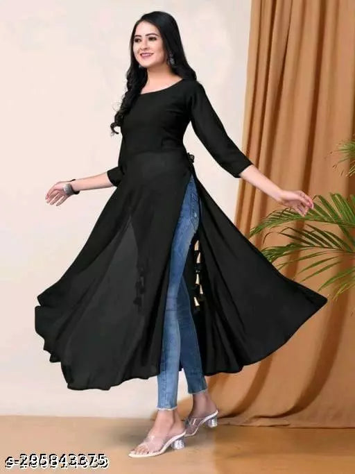 Black women’s georgette A-line kurta by FIZZI SHOP, featuring elegant design and flowy fabric suitable for casual or festive wear.