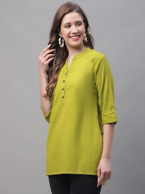 Green women's cotton short Kurti, stylish and comfortable kurta with short sleeves, perfect for casual wear.