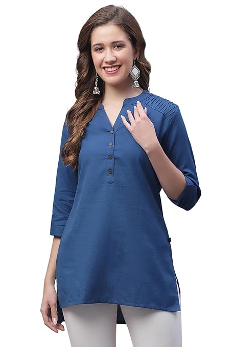 Blue women's cotton short kurti with a simple design, perfect for casual and everyday wear.