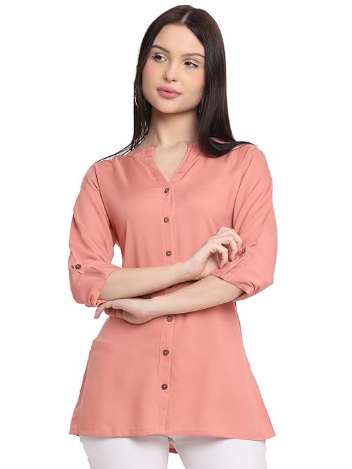 Pink women's rayon solid kurti with long sleeves and round neckline, casual ethnic top from FIZZI SHOP.