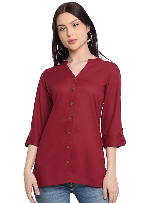 Maroon women's rayon solid kurti by FIZZI SHOP featuring a classic kurta design with long sleeves and a comfortable fit.