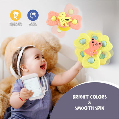 Wukusy Buzzy Baby Spinner Toy Set with three suction cup spinning toys for infants, colorful and engaging for sensory play