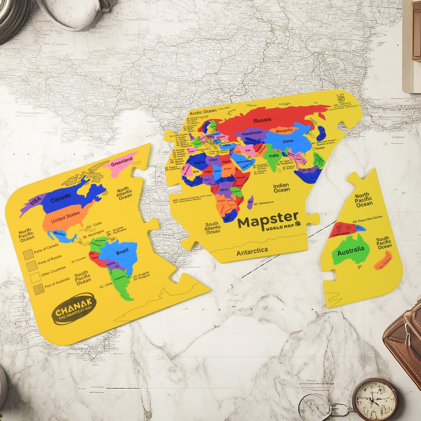 Wukusy Aditi Mapster World Map EVA foam puzzle set for kids, featuring colorful puzzle pieces of a world map.