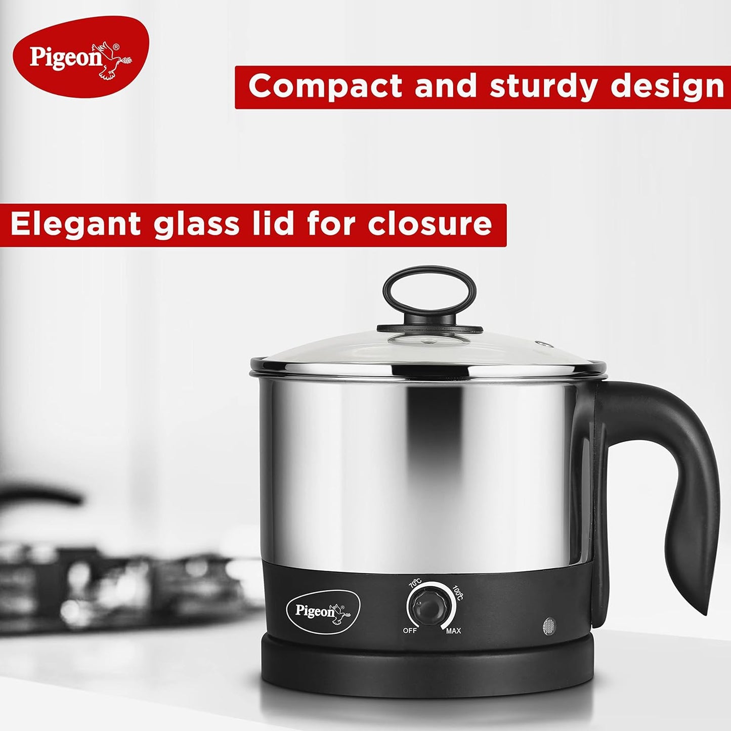 Seasons Pigeon Kessel Multi Electric Kettle in black, 1.2L, with a sleek design and stainless steel spout for boiling water.