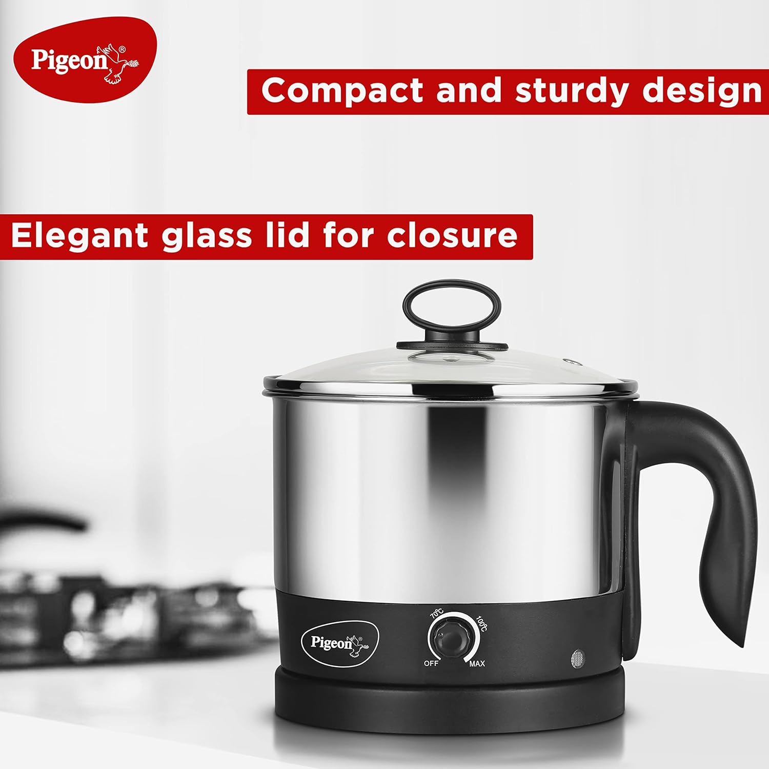 Seasons Pigeon Kessel Multi Electric Kettle in black, 1.2L, with a sleek design and stainless steel spout for boiling water.